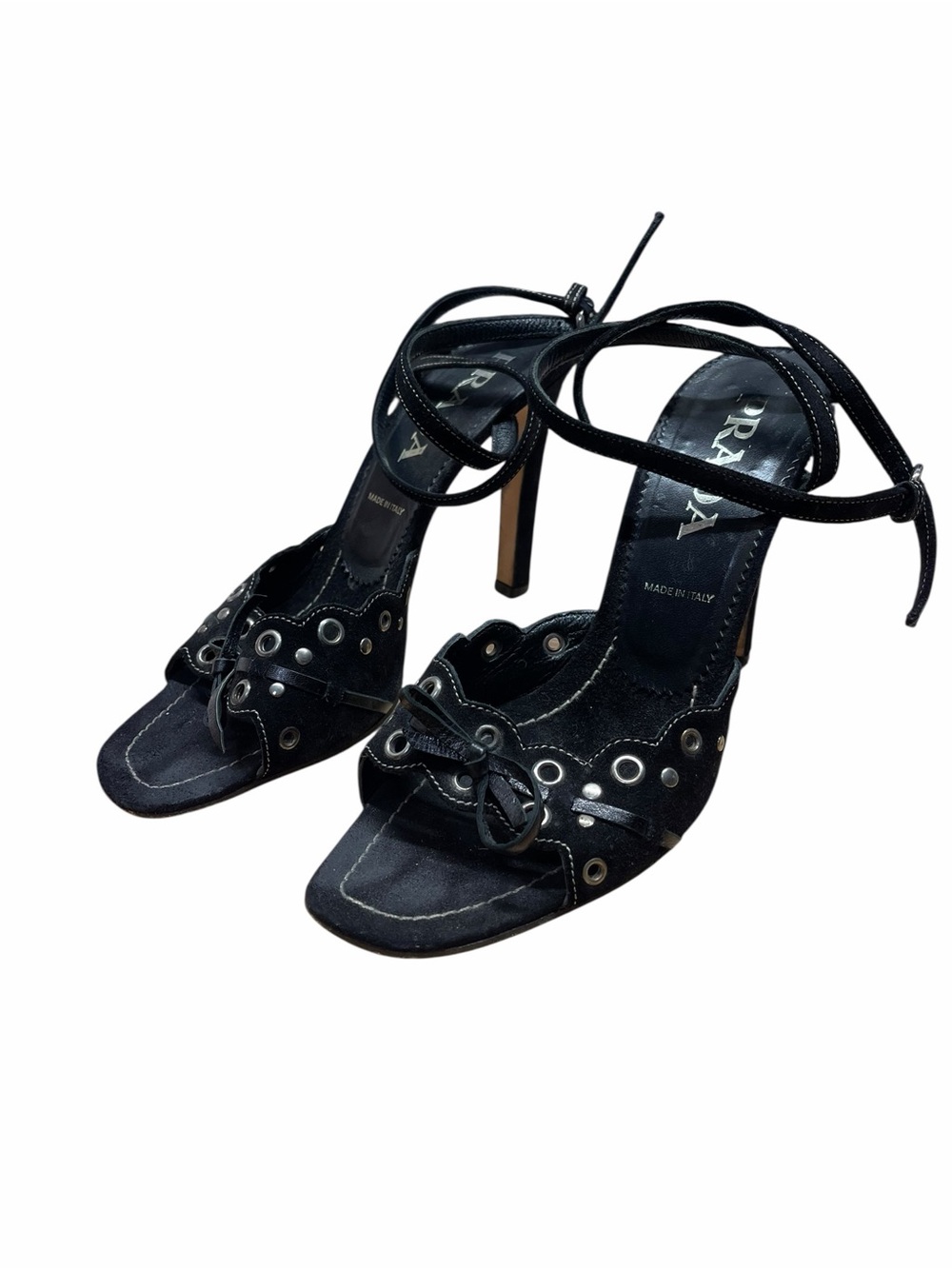 Prada Black Suede Studded Grommet Ankle Bow Vintage Sandals Heels